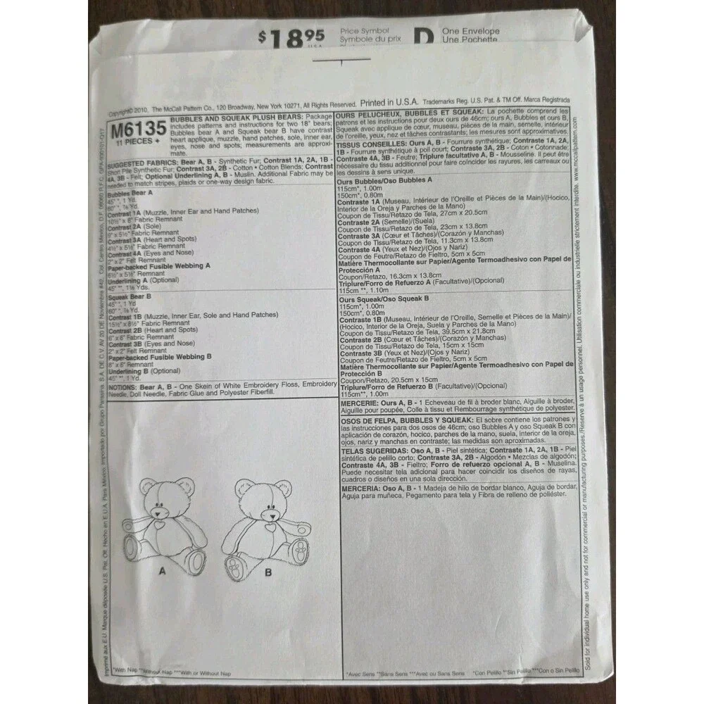McCall's M6135 Daisy & Dandelion Plush Bears Sewing Pattern OSZ Uncut Teddy Bear